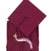 Burgundy graduation gown folded beside a matching mortarboard cap with a Burgundy and White tassel on a white background.