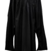 A Master's Academic Regalia Gown in Black. This is the back side of the gown, in full length, pointed sleeves hand at the sides of the gown.