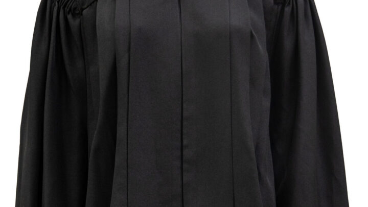 A Master's Academic Regalia Gown in Black Fabric. Image shows shoulders and gown down to mid torso.