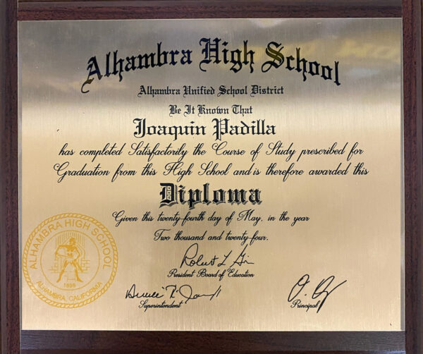 Alhambra High School Diploma Plaque In Bronze w wood edges