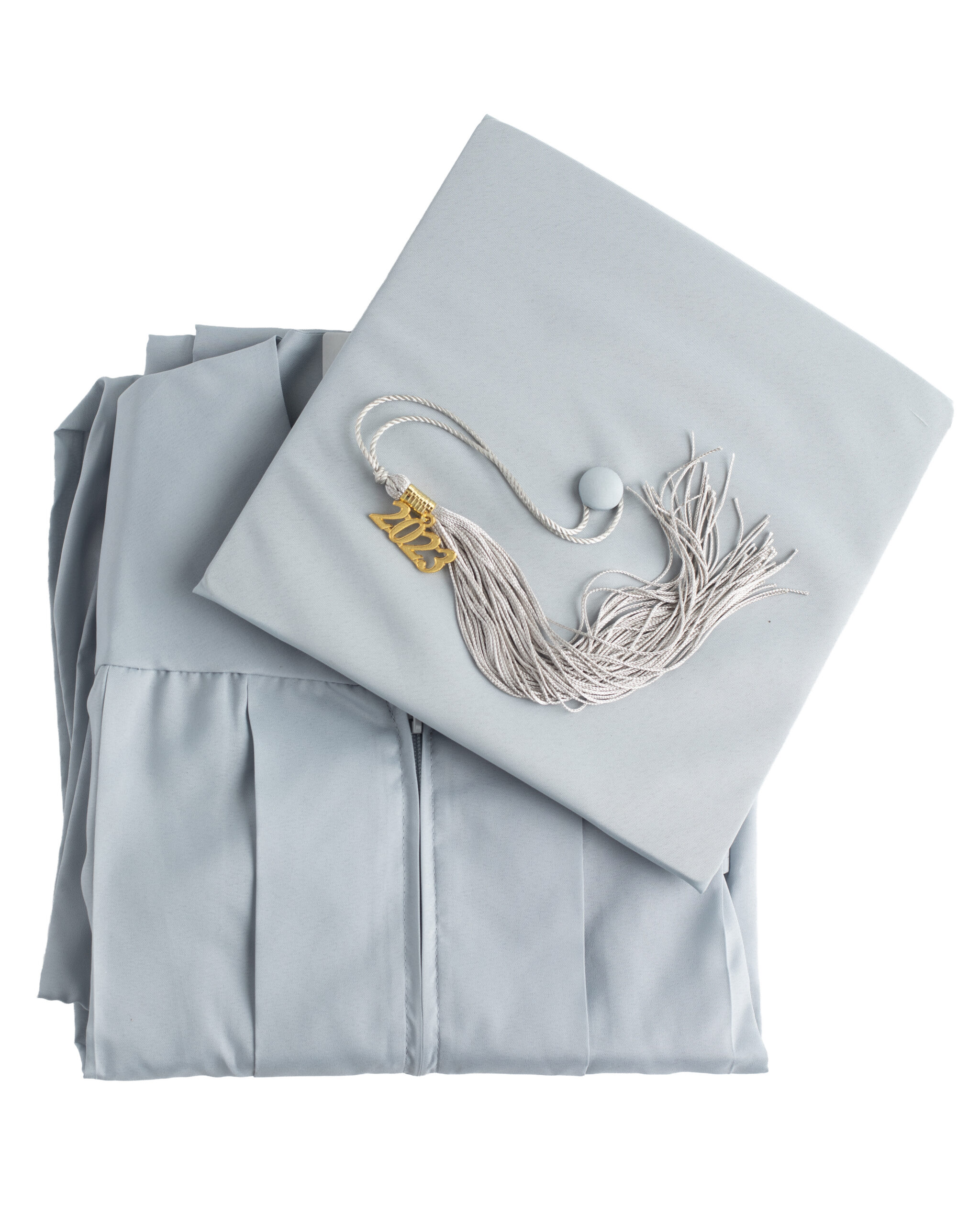 Silver Graduation Cap and Gown with Silver Tassel